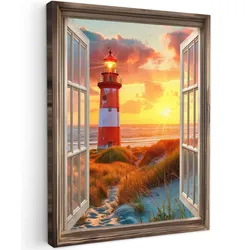 LEINWANDBILD Aussicht - Fenster - Leuchtturm - Sonnenuntergang - Strand Room Decor 30x40 cm