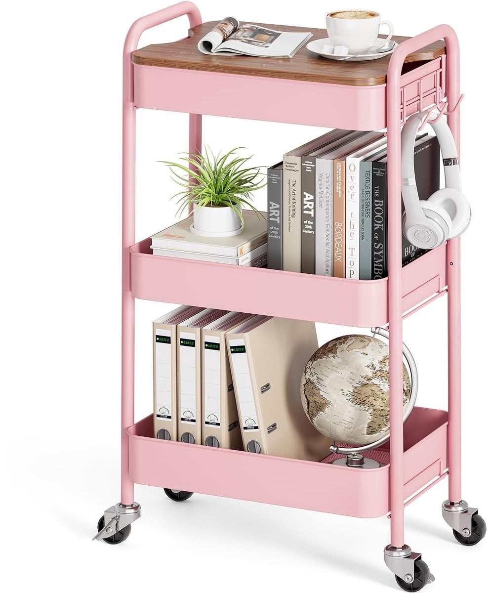 Merkloze 3-laagse rolling opbergwagen met houten bovenblad, Roze