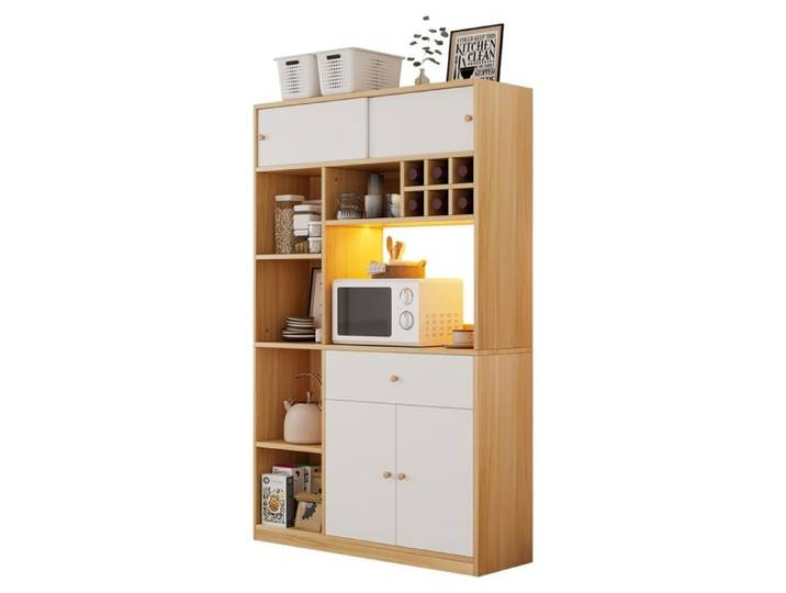 Buffet Blanc et Naturel 115x35x180cm LED - Tiroir 3 Portes Étageres Espace Intégré pour Micro-Ondes et Rangement Multifonctionnel