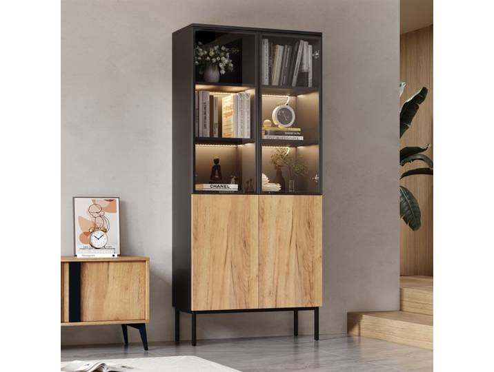 Vitrine en verre minimaliste armoire haute avec éclairage LED armoire de rangement à double porte à 5 niveaux hauteur 180 cm noir