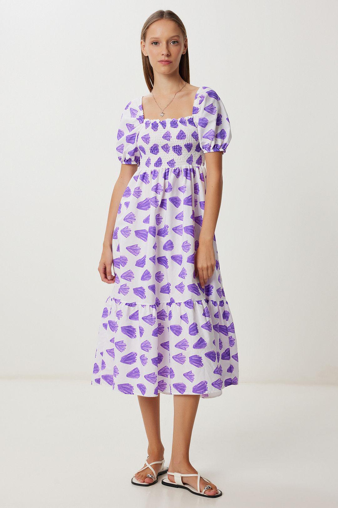 Rüschen-Affekt-Print A-Linien Midi Kleid mit quadratischem Kragen