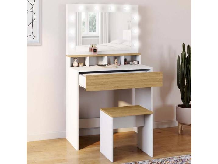 IDMARKET Coiffeuse ZELIA blanc et hêtre miroir LED avec 4 niches 1 tiroir et tabouret