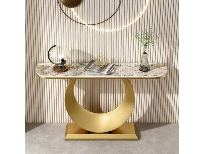 Moderner Konsolentisch, schmaler Beistelltisch mit Sintersteinplatte Robuste Sintersteinplatte, Geometrischer Metallsockel, Platzsparend, Flur(Gold+White-gold,39.4in(100cm))