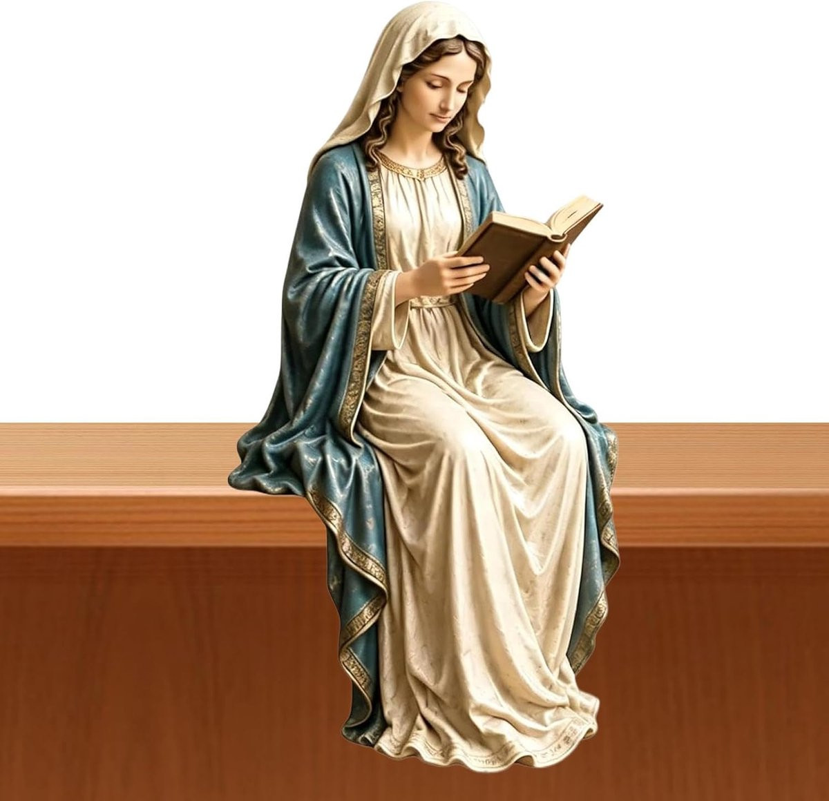 Handbeschilderd Zittend Maria Beeldje - Moeder Maria Sculptuur voor Decoratie - H: 20 cm, B: 12 cm, D: 20 cm