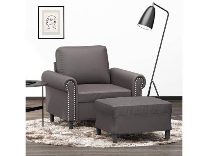 HEFZGDB Grauer Sessel mit Hocker 60 cm Kunstleder Langlebig Modern für Wohnzimmer Bequem Polsterung Stabiles Gestell Vielseitig Schmutzabweisend Luxuriöses Design Kompakt Robust