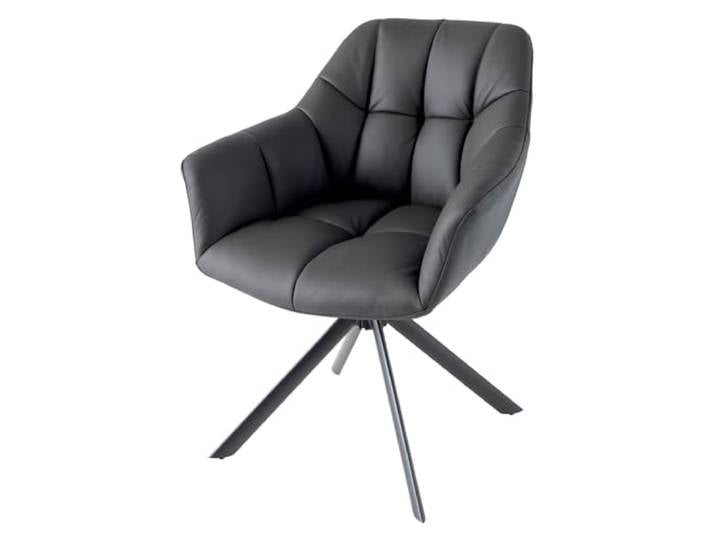 Stuhl PAPILLON - 65cm - schwarz - Echtleder Metall-Beine drehbar Armlehne Auto-Return-Funktion, Ziersteppung, hoher Komfort, bequeme Polsterung, pflegeleicht, langlebig, Esszimmerstuhl