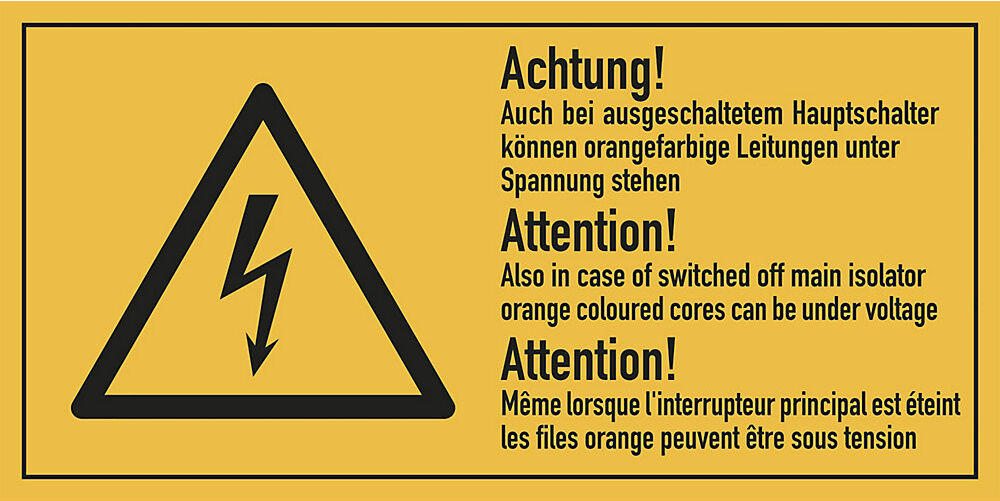 kaiserkraft Mehrsprachige Kombischilder mit Text für Elektroeinsatzbereiche, Achtung! Auch bei ausgeschaltetem Hauptschalter können orangefarbige Leitungen unter