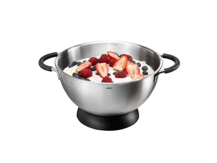 GEFU Rühr- und Schlagschüssel MESCO, Edelstahl, 4 Liter, Ø 24 cm Küchenschüssel mit Silikongriffen & rutschfestem Standring, Innenskalierung, hitzebeständig, für die Spülmaschine