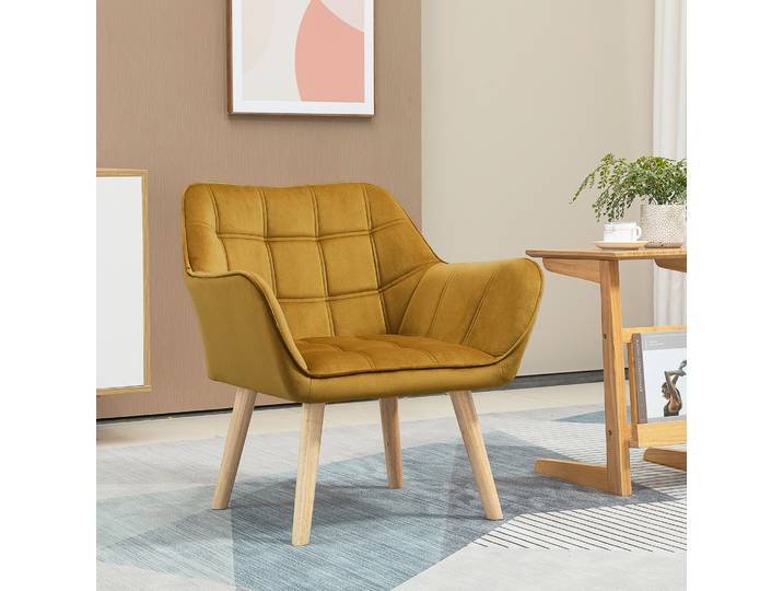 HOMCOM Fauteuil rembourré, fauteuil d'appoint, design scandinave, aspect velours, jusqu'à 120 kg, pieds en bois de caoutchouc, jaune