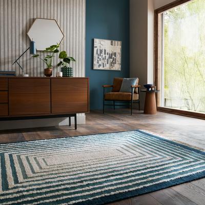 Teppich FLAIR RUGS "BOUCLE WOOL FRAME", blau, B:200cm H:0mm L:300cm, Oberfläche: 74% Wolle, 26% Synthetik. Rückseite: 74% Wolle, 26% Synthetik, Teppiche, Teppich