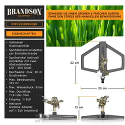 Brandson, Rasensprenger, 3x Vollmetall-Rasensprinkler 360°, Impulskreisregner, Rasensprenger, Gardena kompatibel (Kreisregner)