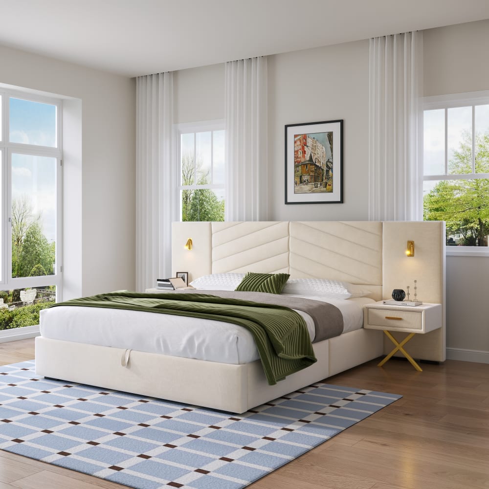 KOMHTOM Lit relevable en pin beige et blanc 160x200 cm Beige 266x117x205cm