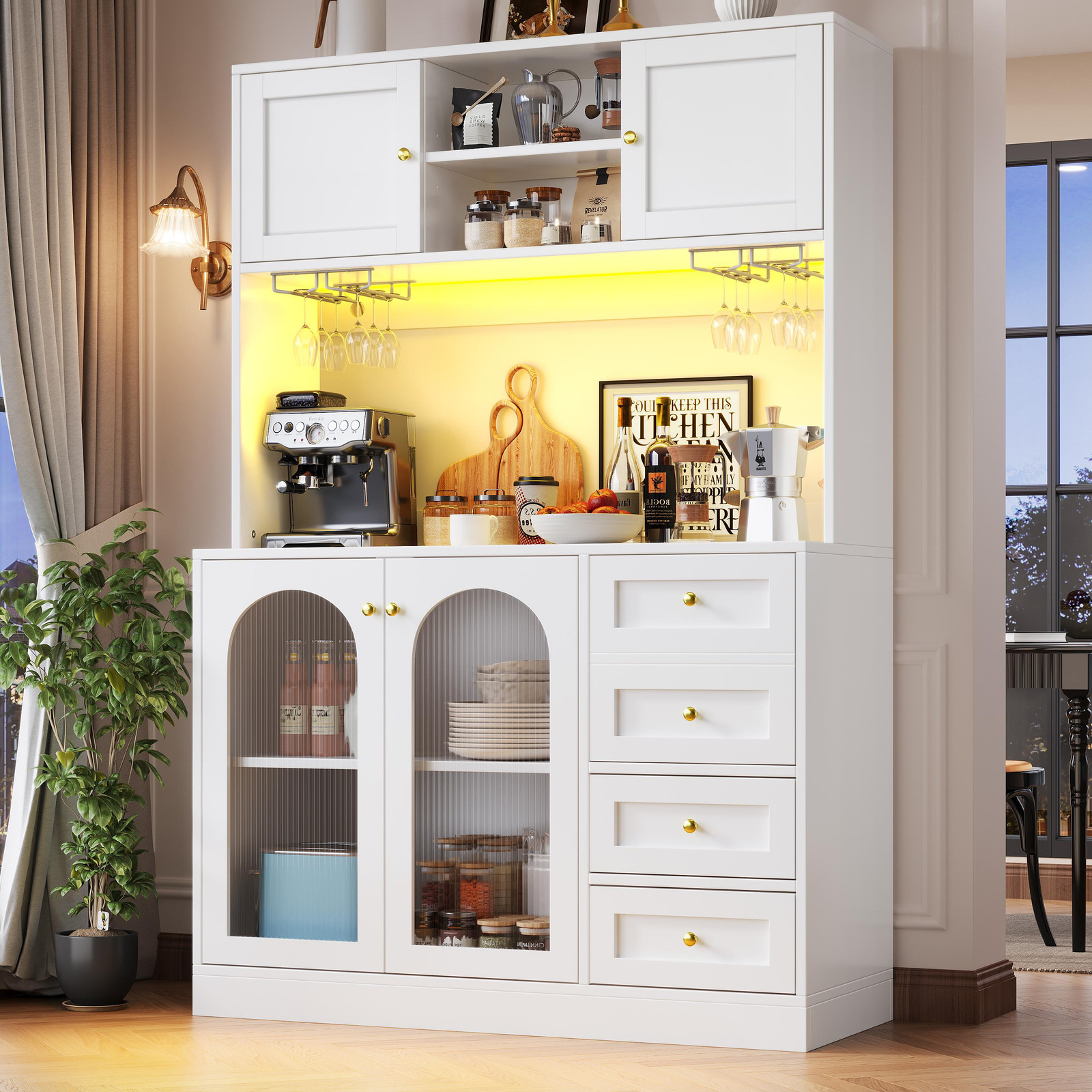 OKWISH Hoge keukenkast met LED-verlichting, lades en vier deuren, wit
