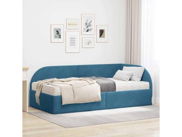 HFMDRMU Samt-Eckbett mit Matratze 2 pcs, Bettgestell Blau Samt mit wandmontiertem Kopfteil und mittelharter Schaumstoffmatratze, rechteckiges Design für Moderne Schlafzimmer