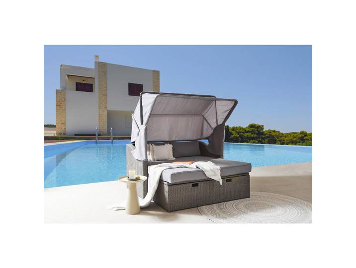 Ambia Garden Gartenmuschel, Grau, Metall, Kunststoff, Textil, Füllung: Schaumstoff, 146x74x144 cm, verstellbares Dach, ausziehbarer Hocker, Gartenmöbel, Loungemöbel, Sonneninsel