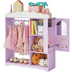 VEVOR Kinderkleiderschrank 91x30x103cm, Kindergarderobe mit Spiegel Kleiderstange Ablagen, Verkleidungsschrank aus MDF mit Schmuckkästchen für Mädchen, Kinderschrank für Kostüme Spielzeug Puppen, Lila
