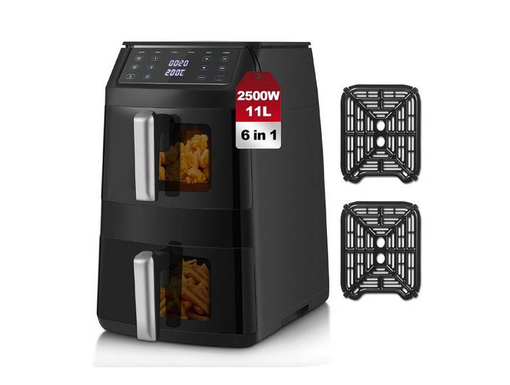 SNDOAS Heißluftfritteuse, 2500 W, 6 Garfunktionen, 360° Heißluft & Wende-Erinnerung, 11L Kapazität