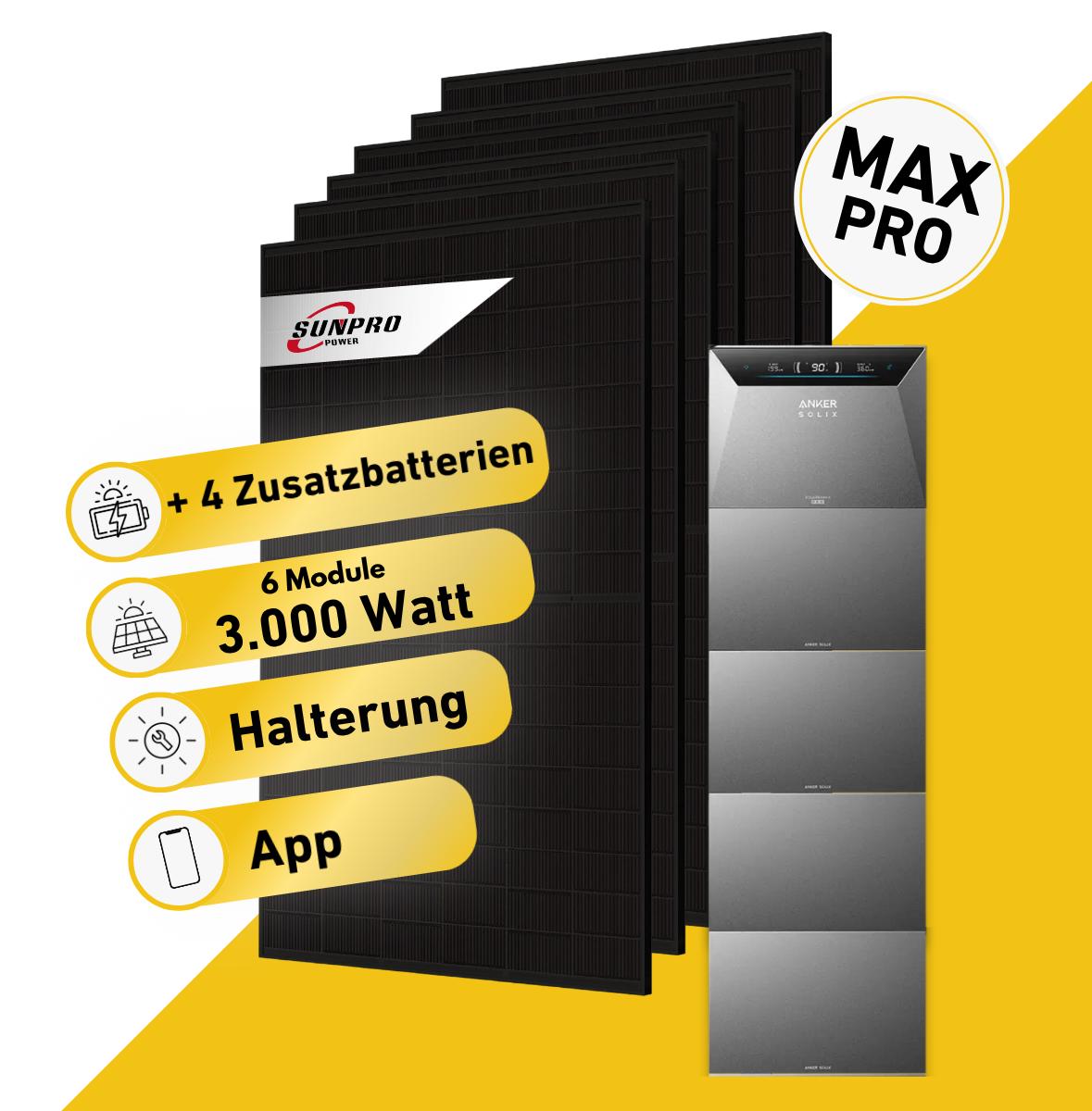 Balkonstrom Balkonkraftwerk 3000W mit Speicher | 4xZusatzspeicher | Fassadenhalterung 90 Grad | 6xSolarmodul Bifazial | Anker Solix 4 Pro |Kabel 3m
