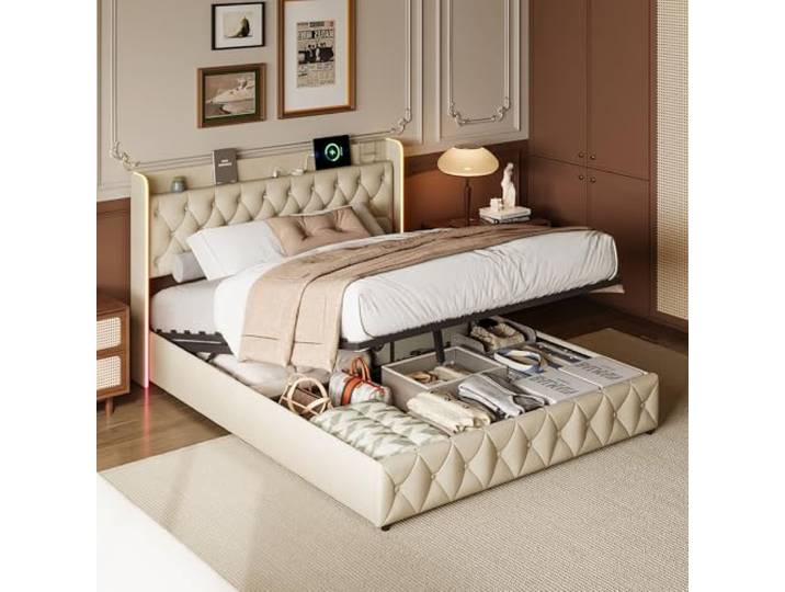 Polsterbett 160x200cm mit LED-Beleuchtung & USB-Ladeanschlus, Bettgestell mit Gepolstert Kopfteil, Stauraumbett Doppelbett mit Lattenrost und Metallrahmen, ohne Matratze (Beige+USB+LED, 160x200cm)