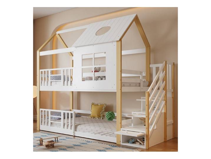 HAUSS SPOLE Etagenbett 90x200 mit matratzeJugendbett mit Aufbewahrungstreppe,Fallschutzgitter