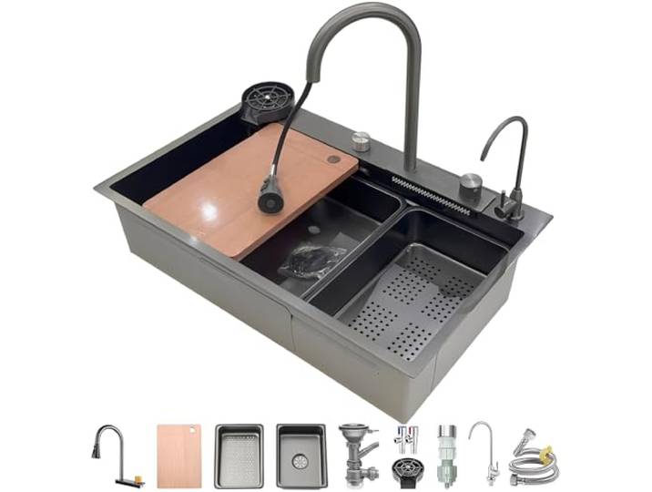 Edelstahl Single-Bowl Wasserfall Küchenspüle Multifunktionale Bar Zähler Spüle Nano-beschichtete Workstation Spüle Mit Wasserfall Pull-Down Wasserhahn Und Komplettes Zubehör Set