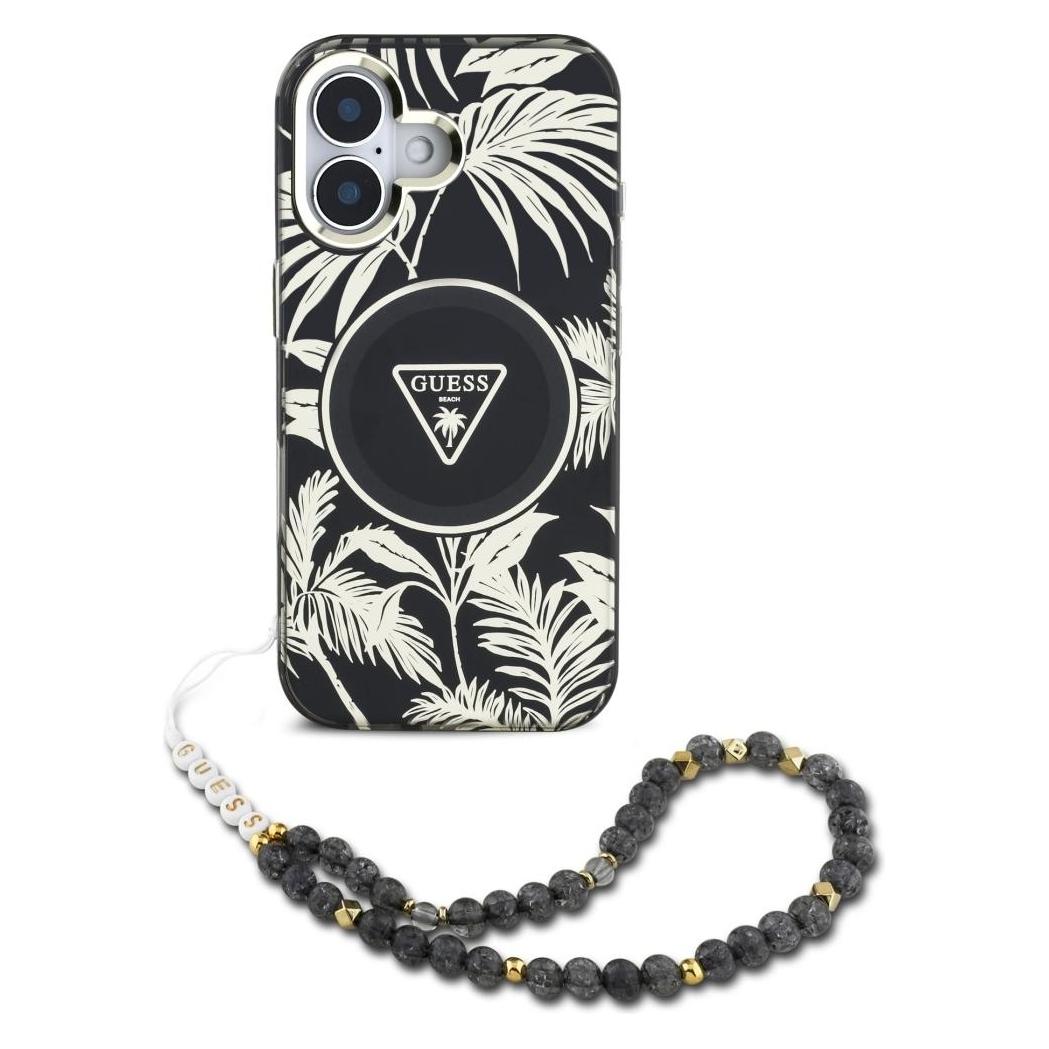 Guess Palm Trees Triangle Pearl Strap MagSafe case for iPhone 16 black (Apple iPhone 16) (GUE004445-0)