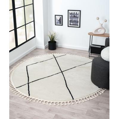 Hochflor-Teppich "Moroccan Signature", schwarz-weiß (weiß, schwarz), H:24mm Ø:190cm, Polyester, Polypropylen (PP), MYFLAIR MÖBEL & ACCESSOIRES, Teppiche, Fransenteppich, modernes Rauten Design, weich, mit Fransen, auch in rund