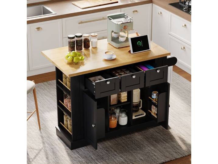 Table de cuisine mobile 132 cm rangement intégré (tiroir épices) 5 roues et prise - Pour cuisine/salle à manger