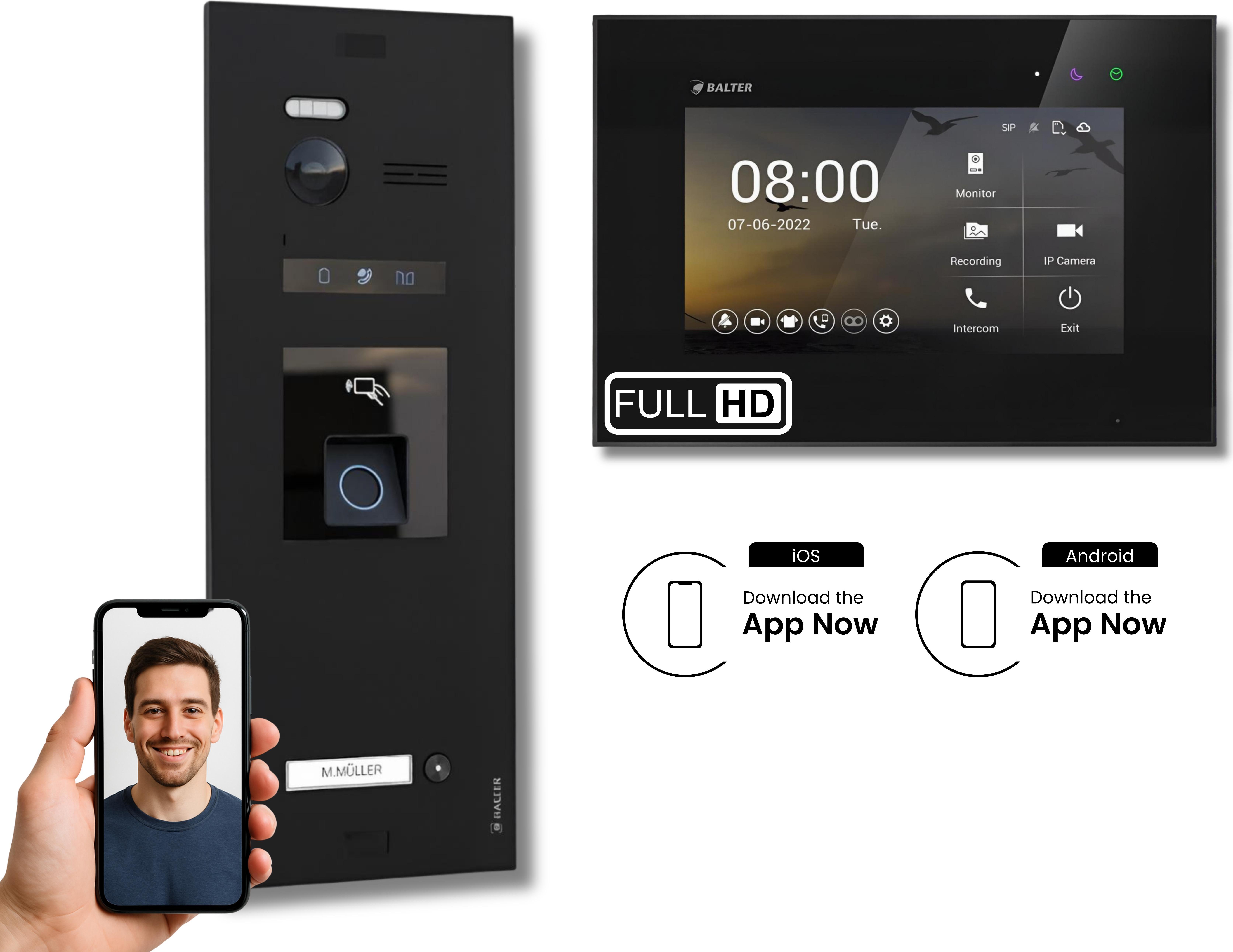 BALTER EVO HD Schwarz Video Türsprechanlage Fingerprint Set 1 Teilnehmer 7" WLAN Monitor Schwarz