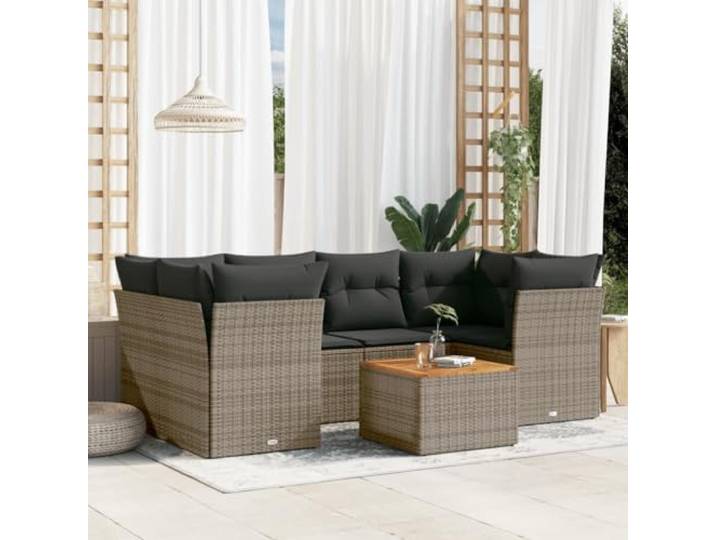 KTHLBRH Gartenmöbel-Set 7-teilig mit grauen Kissen aus Polyrattan Lounge für den Außenbereich, 7 Sitzplätze, Sessel mit Stauraum, Beistelltisch aus Akazie, modulares Design