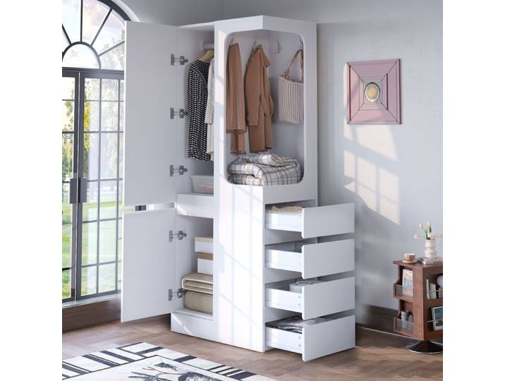 Armoire de chambre 1 porte 4 tiroirs et penderie ouverte - BEAUNIV - pour chambre Bois Blanc 70×40×170 cm