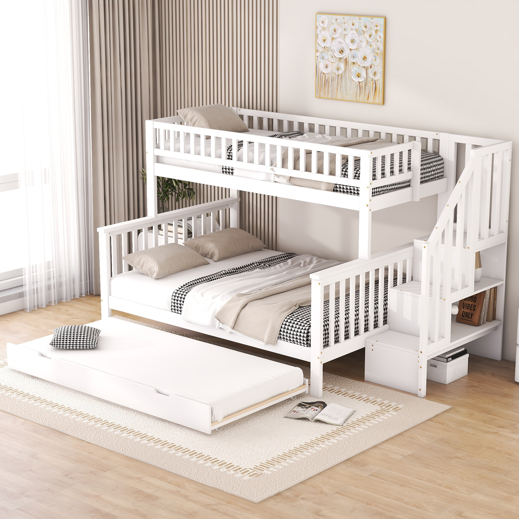 MODFU Etagenbett mit zwei matratze Kinderbett 90x200cm/140 x 200cm mit Rollbett 90x190cm, Hochbett mit Rausfallschutz, Massivholzbett Stockbett mit Lattenrost und Stauraum Treppe, Jugendbett Bettgestell, Weiß