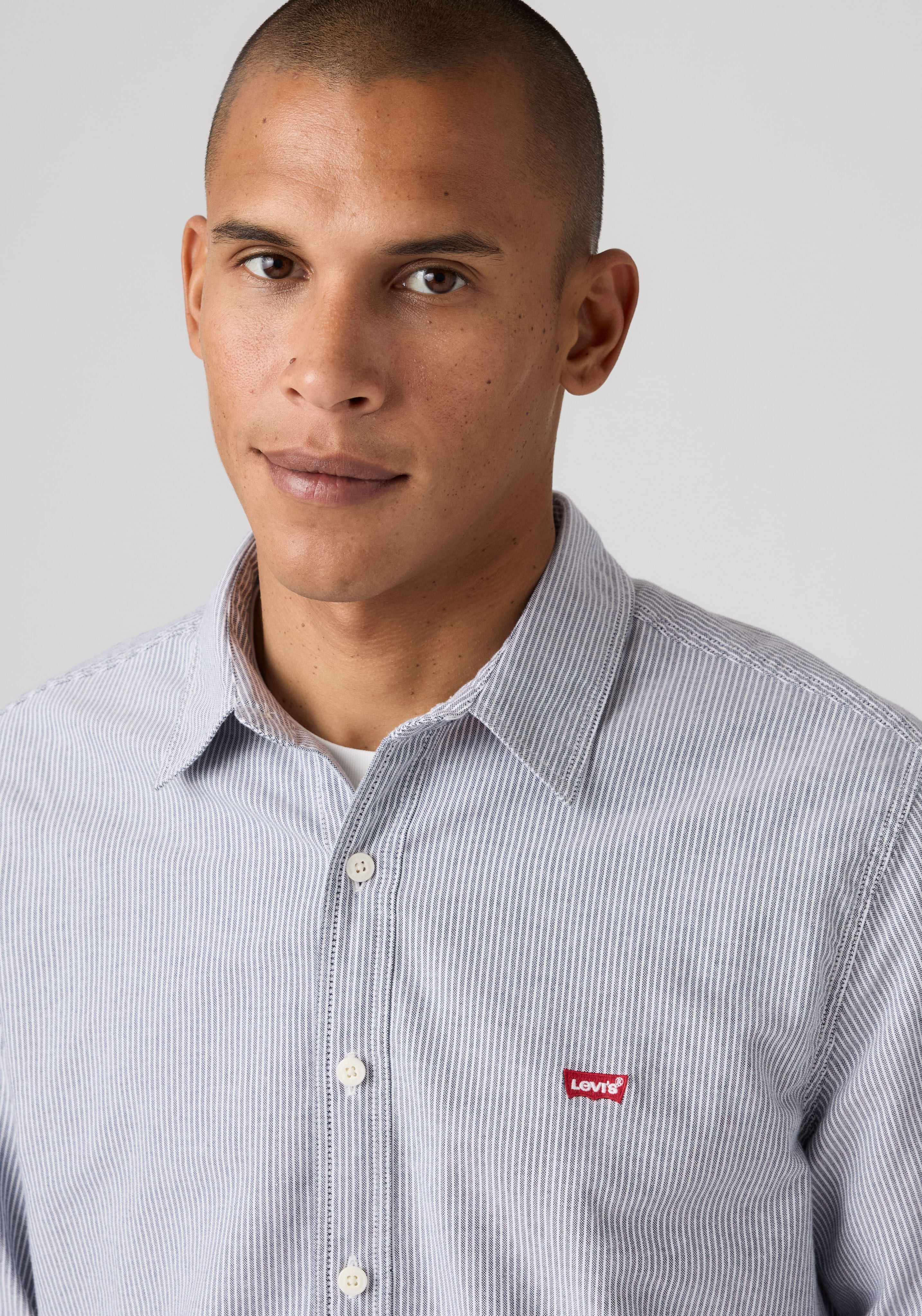 Langarmhemd LEVI'S "CLS BATTERY HM SHIRT - STANDARD", Herren, Gr. XL, N-Gr, grau (killian stripe v2 navy), Web, Obermaterial: 100% Baumwolle, gestreift, normal hüftbedeckend, Hemden Langarmhemd, mit abgerundetem Saum