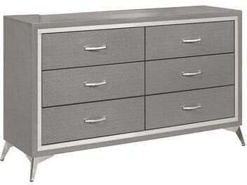 Benjara Sami 58 Inch Wide Dresser, 6 Drawers, Mirror Trim, Embossed Texture, Gray