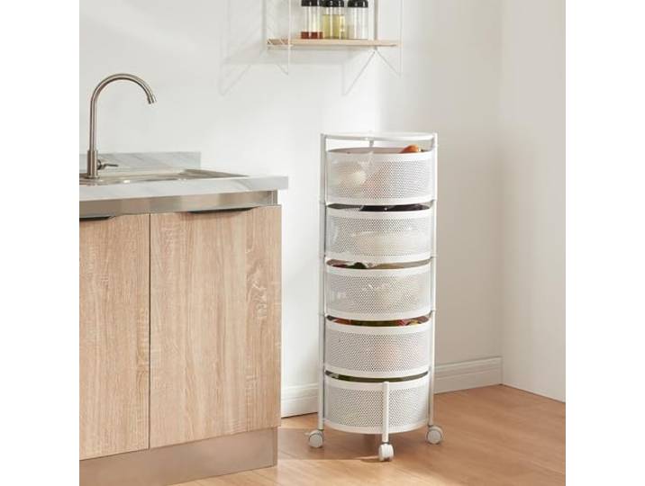 [en.casa] Rollwagen Steigen mit 5 Ebenen mehrlagiges Küchenregal mit Rädern Servierwagen aus Stahl ausklappbare Körbe Regal für Küche, Bad 89,5 x Ø33 cm Weiß