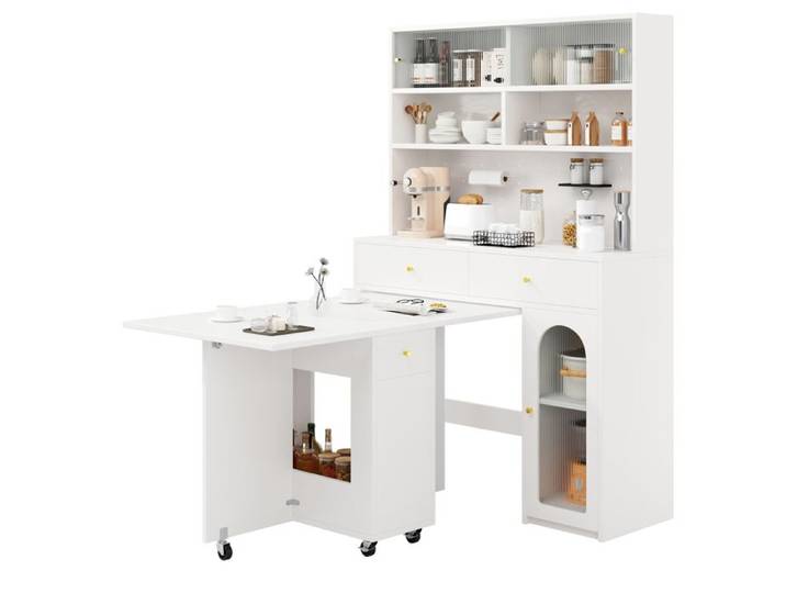 COVREO ensemble buffet de cuisine avec table pliante mobile sur roulettes meuble haut rangement MDF blanc
