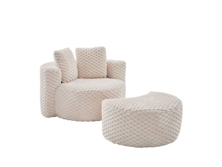 Fauteuil géant beige en fausse fourrure avec pouf assorti en demi-lune