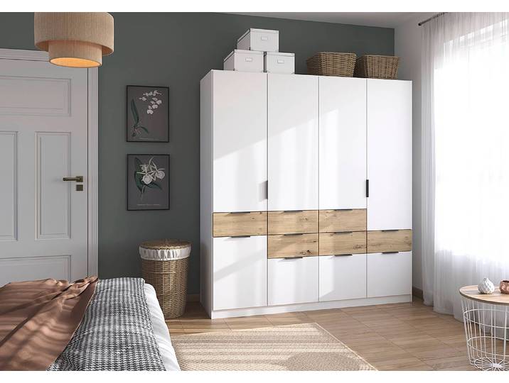Drehtürenschrank Luca 181cm Weiß/Alpinweiß/Eiche Artisan Dekor
