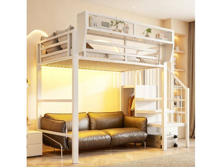 MODFU Hochbett mit variablem Staufach und Sicherheitsleiter, Metallbett (Kinderbett 90x200 cm für Kinderzimmer, Studentenwohnheim und kleine Räume, Jugendbett) Inklusive Matratze