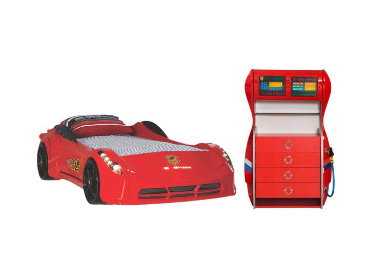 Villa Möbel Jugendzimmer-Set Titi-Garage, (Kinderzimmer-Set, 2-tlg., Autobett und Kommode (Zapfsäule), Rennwagenbett Schreibtisch Schrank mit sportlicher Renn Optik