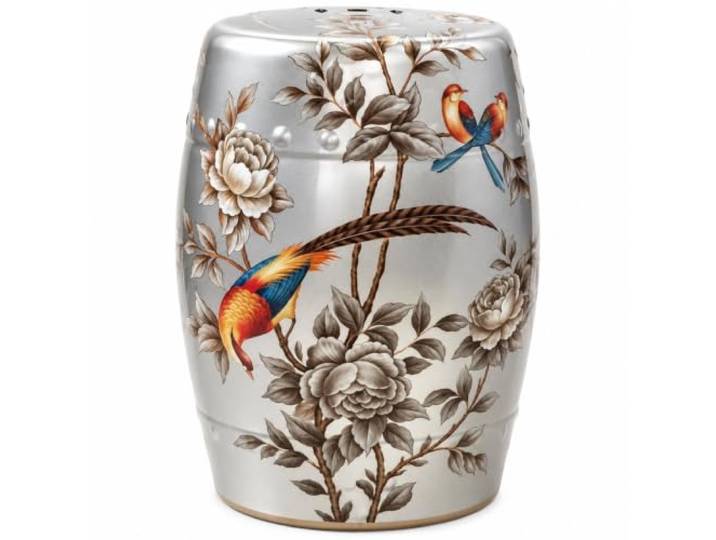 Keramik-Gartenhocker im Chinoiserie-Stil – Handbemalter Beistelltisch Terrassenhocker, Blumen-Vogel-Motiv, Goldfarbene Details, 28x45 cm, für drinnen & draußen(Silber)