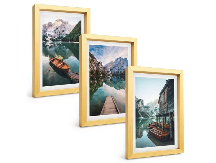 BILDER SET 3er Set - 20x30 cm Goldrahmen - See, Berge, Boote, Ferienhaus