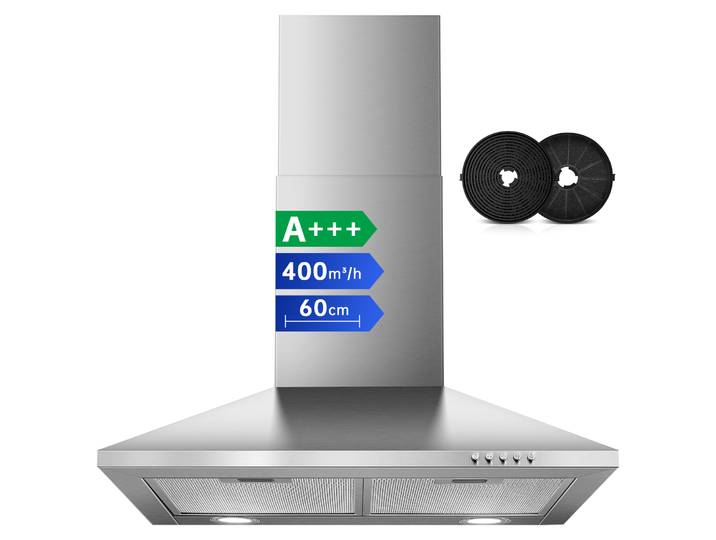 Hotte aspirante 60 cm, 400 m³/h, A+++, double mode (canalisation/recirculation), acier inoxydable, murale