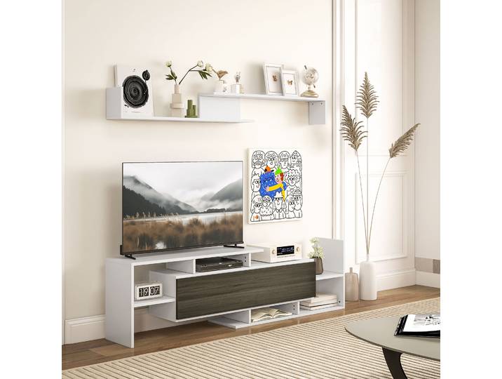 HOMCOM Meuble TV Bois Blanc Noir avec Étagères et Placard
