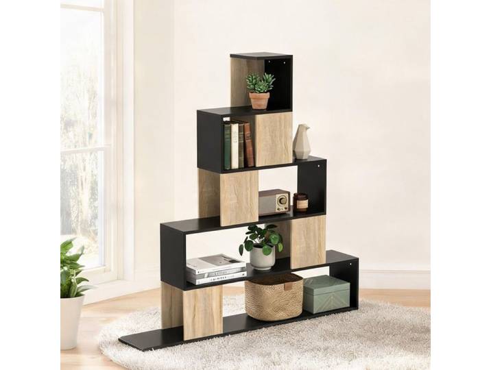 Étagère design escalier 5 niveaux structure noire et bois naturel 120 x 22 x - Noir et bois naturel Panneau de particules 120