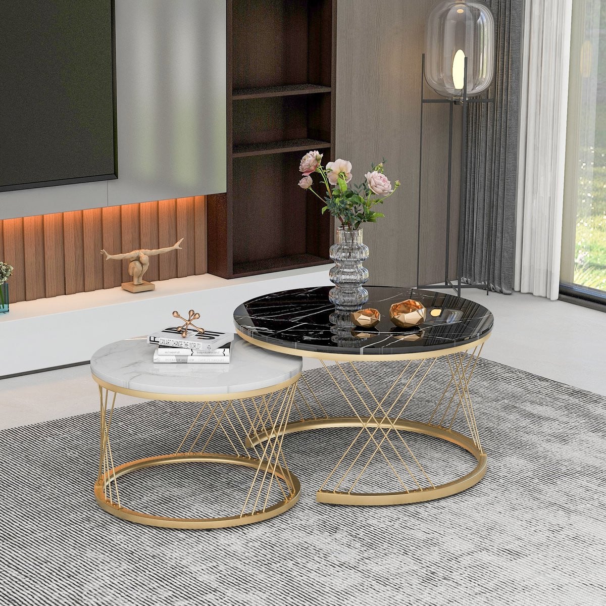 Sweiko Moderne Nesting Salontafel Set van 2, Marmeren Fineer met Gouden Frame