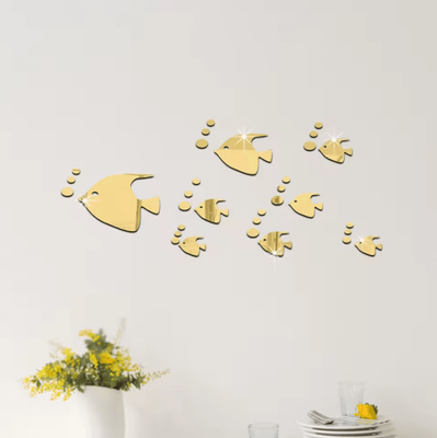 Inspire Curations 8 Piece 3D Marine Fish Acrylic Mirror Wall Stickers gold