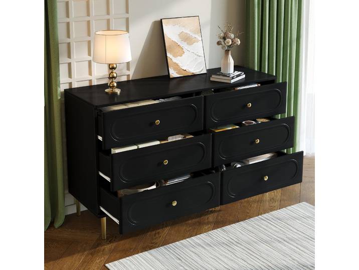 STILVORA Sideboard mit 6 Schubladen und ovalen Vertiefungen, Kommode mit Metallfüßen, Aufbewahrungsschrank modern für Wohnzimmer