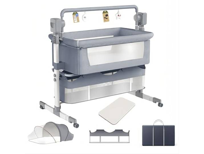 Aveainelle Babybett und Multifunktionales Kinderbett, Faltbare und Umwandelbare Babywiege, Verstellbare Beistellbett, Co-Sleeping Babybett und Rollen (Mittelgrau)