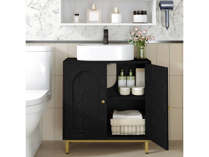 Meuble sous lavabo noir avec 2 portes, étagère réglable, beaucoup d'espace de rangement, autoportant, style maison de campagne, 30 x 60 x 63 cm